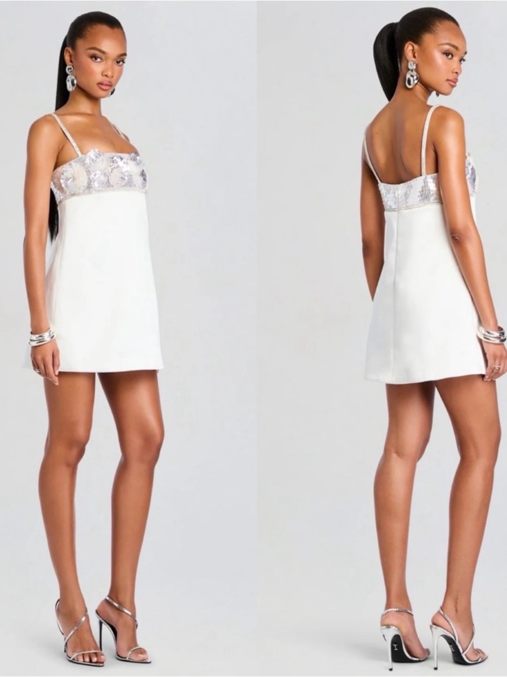 Retrofete Lark Sequin Embroidered Mini Dress White Silver NEW with tags